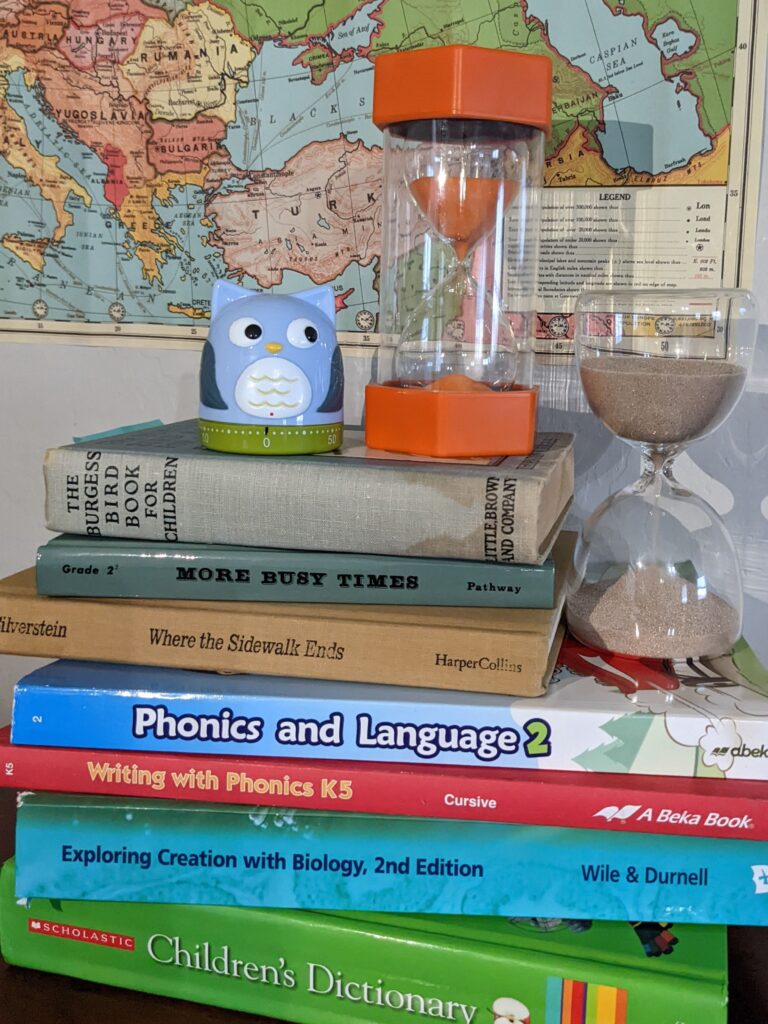 homeschool books with sand timers
